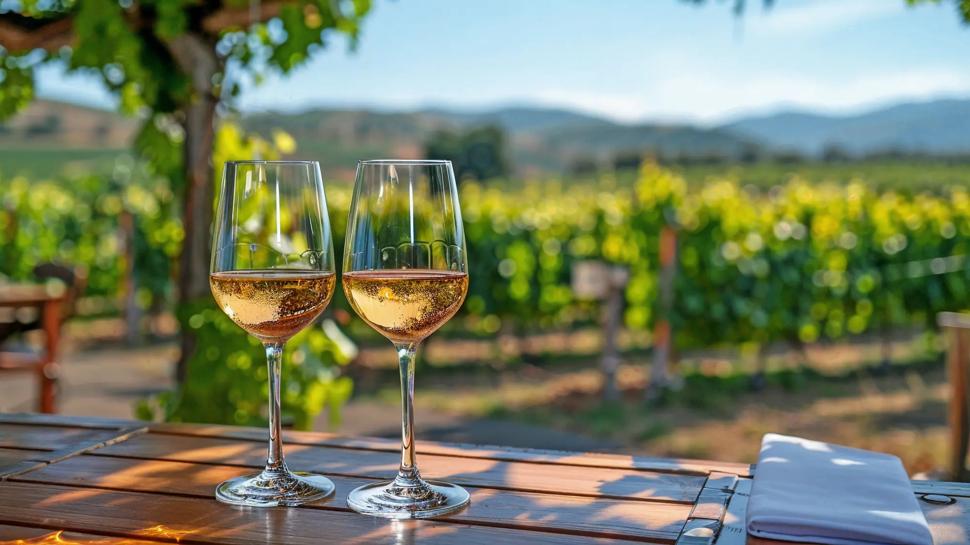 White wine served at a sunlit vineyard table