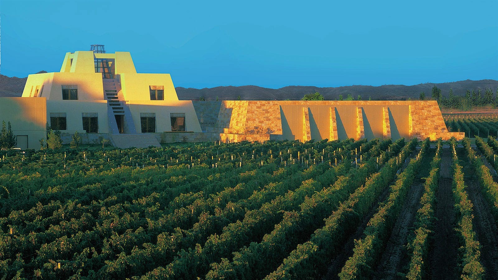 Catena Zapata's iconic winery surrounded by Mendoza vineyards